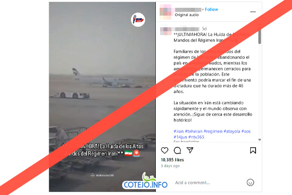 Circula video falso sobre huída de altos mandos iraníes en jets privados. En redes sociales circula un video que, supuestamente, muestra al alto mando iraní y sus familiares huyendo del país en jets privados.