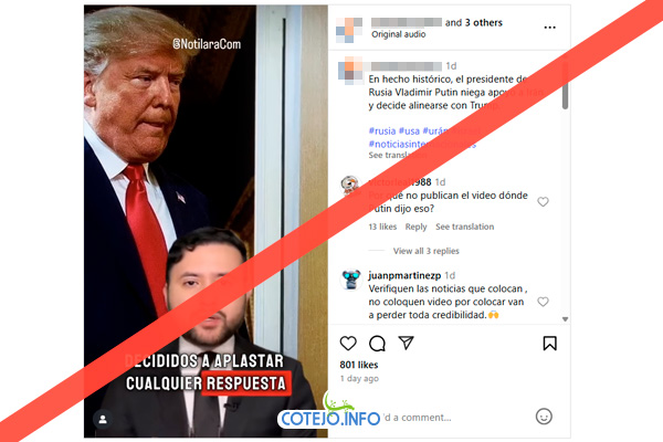 Es falso que Putin se haya alineado con Trump y negara apoyo a Irán. Un video afirma que el presidente ruso Vladímir Putin “negó apoyo a Irán y decidió alinearse con Trump”. Sin embargo, la revisión de fuentes confiables y declaraciones oficiales revela que esta afirmación es falsa