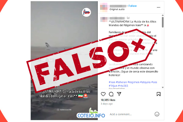 Circula video falso sobre huída de altos mandos iraníes en jets privados. En redes sociales circula un video que, supuestamente, muestra al alto mando iraní y sus familiares huyendo del país en jets privados.